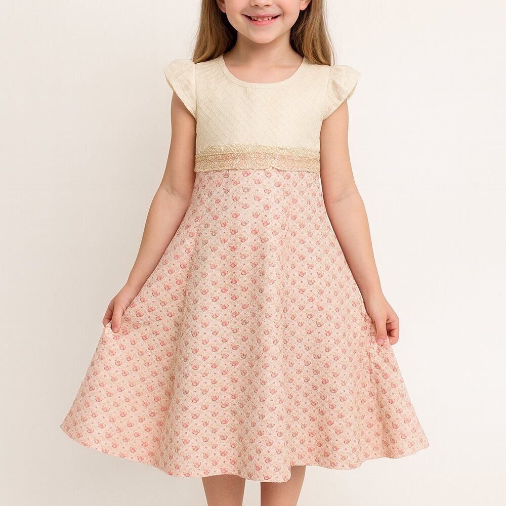 Lilax Girls Ivory & Pink Floral Party Dress | Size 7 (122 cm) | Special Occasion